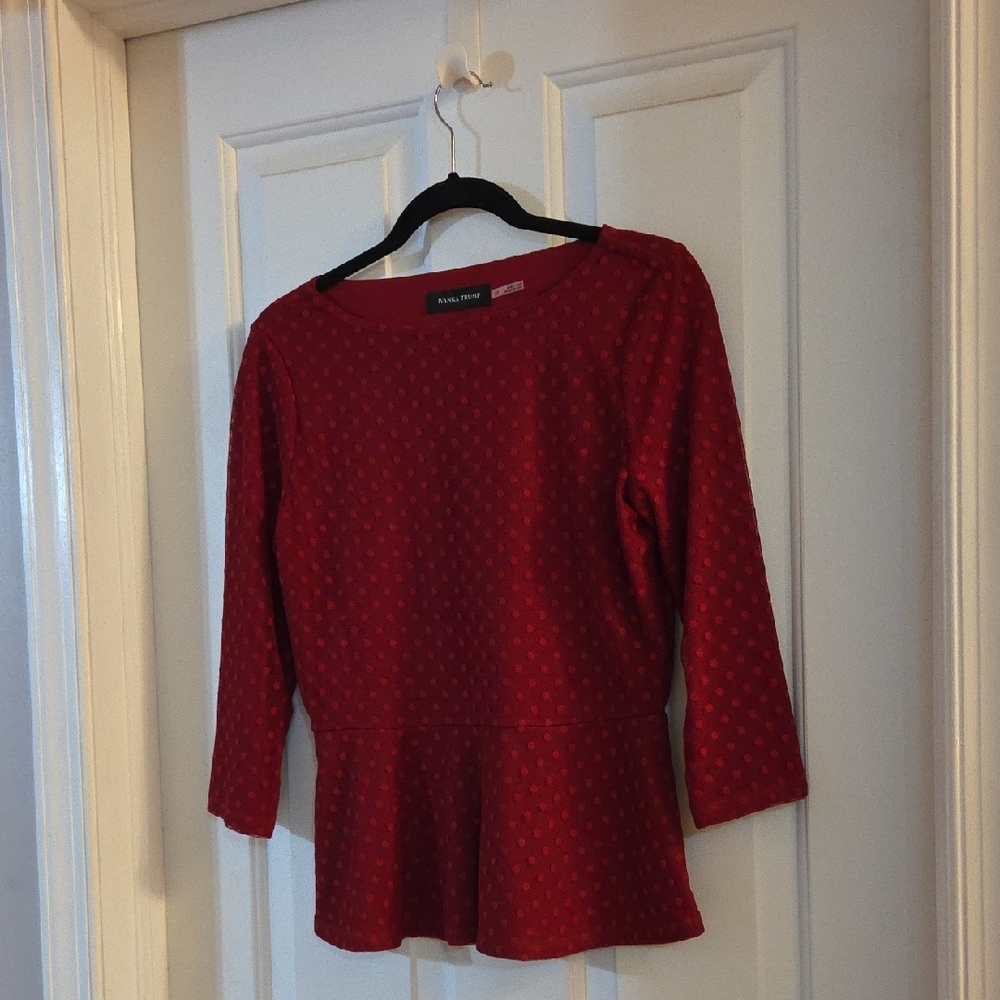 Ivanka Trump Ruby Red Polka Dot Peplum Top Small